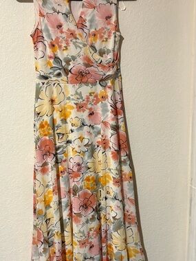 Studio One Floral Wrap Midi Dress in Pink, Yellow & Cream
